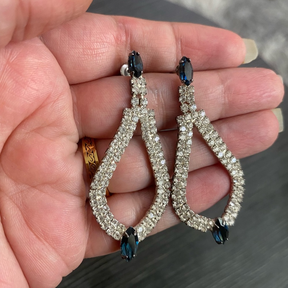 Elegant Silver-Tone Crystal Teardrop Earrings with Blue Accents